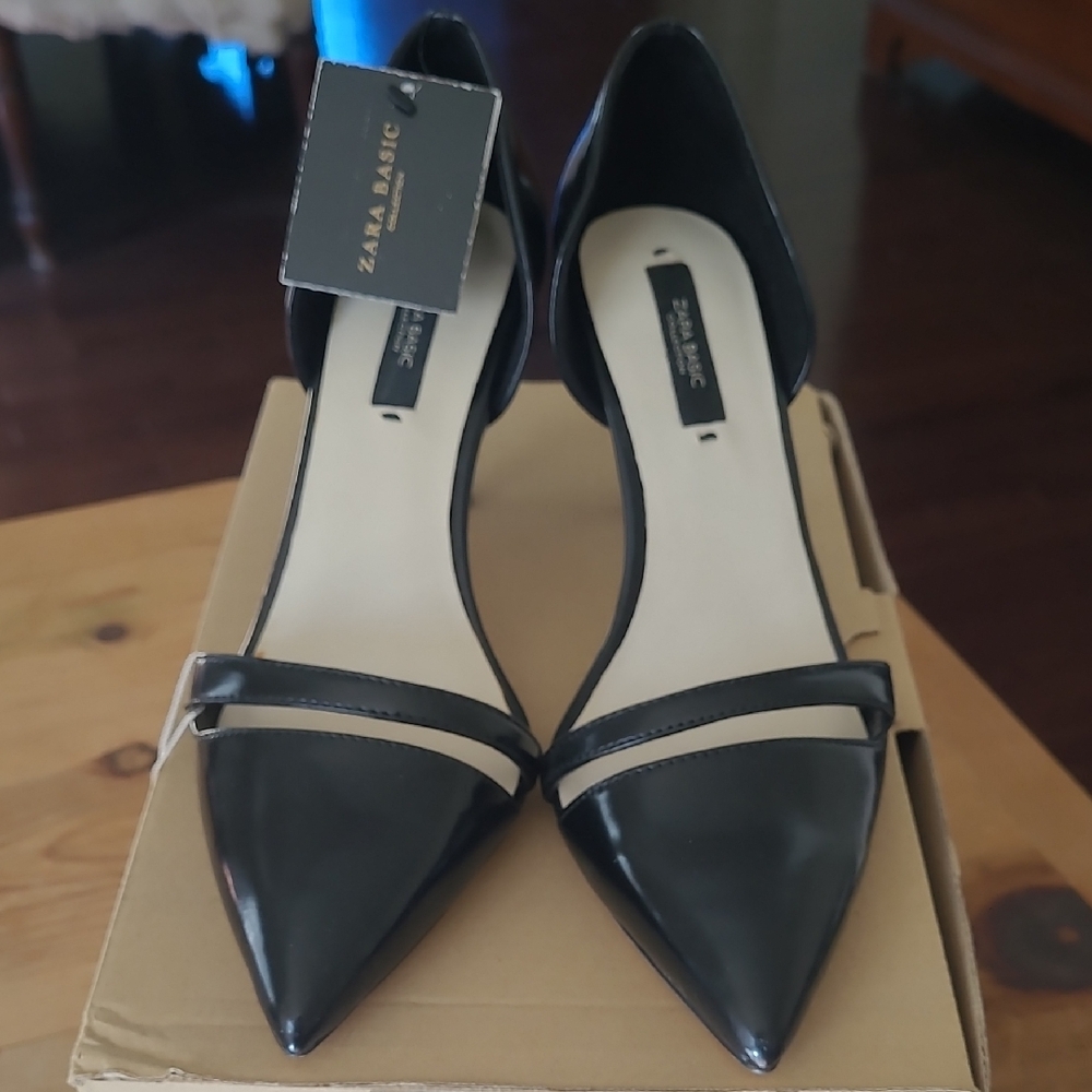 Zara Modern Black Patent Leather Pointed Toe Heels Sz 6 1/2 37 Bundle Discount